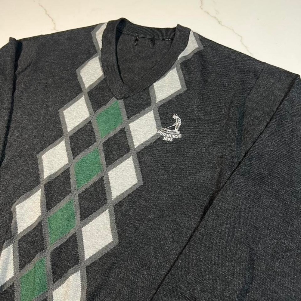 Pinehurst 1895 Golf Sweater Mens Argyle V-Neck Pullover Charcoal Grey L